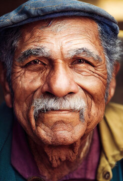 Closeup Portrait Of Fictional Old Hispanic Smiling Man With Wrinkles (Generative AI)