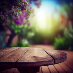 Wooden table on blurred backyard background. Generative AI