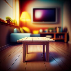 Wooden table on blurred tv room background. Generative AI