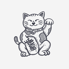 Ink drawing, hand drawn vector illustration of Maneki Neko cat - Japanese symbol