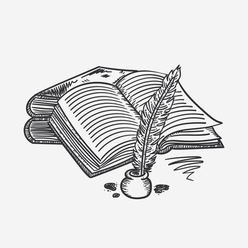 Ink drawinf, hand drawn vector illustration of and open book and a quill