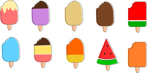 Set of tasty ice creams. Sweet summer delicacy sundaes,gelatos with different tasties,collection isolated ice-cream cones and popsicle with different topping.Vector illustration for web,design, print.