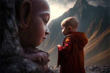 baby buddhist monk praying in front of buddah statue illustration generative ai - obrazy, fototapety, plakaty