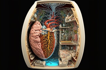 Cross-section sci-fi fantasy human organ. techno-advanced organs perform functions beyond capabilities of human organs, such as providing enhanced physical abilities or synthesizing chemical elements.