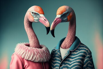 Lovely cute flamingo couple. Generative AI - obrazy, fototapety, plakaty