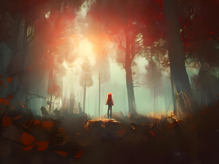 lonely girl standing in the autumn forest at sunrise, illustration painting, digital art style