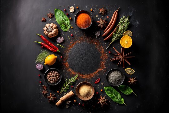 Cooking nd seasoning spices border on black slate background stock photo Food, Spice, Backgrounds, Ingredient, Cooking