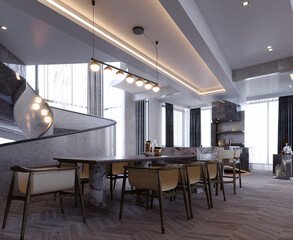 3d rendering,3d illustration, Interior Scene and  Mockup,kitchen bar render,food prep interior,dining corner.