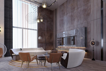 3d rendering,3d illustration, Interior Scene and  Mockup,living room interior modern,concrete fireplace.