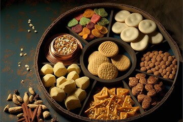 crunchy and sweet snacks prepared during Diwali festival in Maharashtra, India. Generative AI