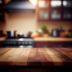 Wooden table on blurred kitchen background. Generative AI