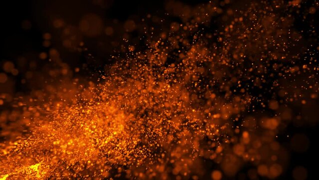 Abstract loop orange fire particles with smoke cloud flare explod flow from bottom left to right effect animation on black background. 4K 3D atmosphere soft fog, smog, smoke, cloud with dust on dark b