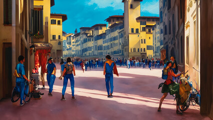 A watercolor painting of a city street in the center of town, devoid of any human figures. The image captures the bustling energy and urban atmosphere of the city