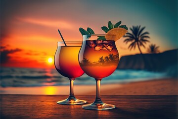 drinks with blur tropical beach and sunset in background. Generative AI