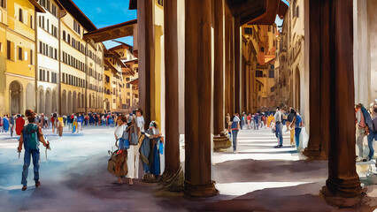 A watercolor painting of a city street in the center of town, devoid of any human figures. The image captures the bustling energy and urban atmosphere of the city