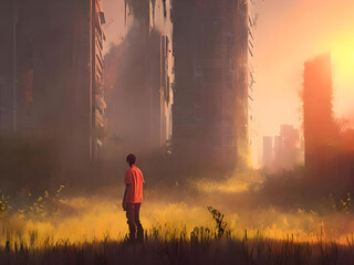 man in the overgrown city, illustration painting, digital art style
