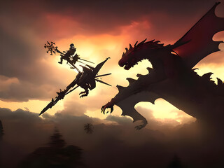 man on flying machine get attacked by the dragon, illustration painting, digital art style