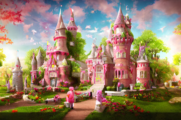 Princess pink colored castle image generated by AI technology