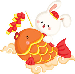 a vector of a rabbit with fish and a firecracker