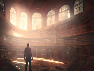 man standing in a strange old library, illustration painting, digital art style