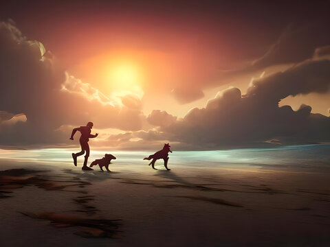 man with dogs jogging at the beach at sunrise, illustration painting, digital art style