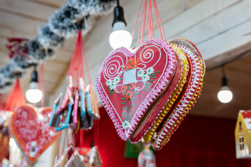 Heart shaped candy at the Christmas stand in the street