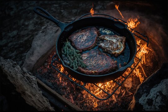 Sizzling ribeye steak on cast iron pan during camping. Generative AI