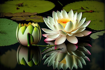 Beautiful lotus flower on the water in a park close-up. stock photo Tranquility, Lotus Water Lily, Landscape - Scenery, Nature, Water. Generative AI - obrazy, fototapety, plakaty