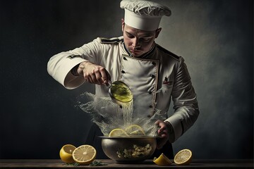 the chef squeezes out the lemon juice. Generative AI - obrazy, fototapety, plakaty