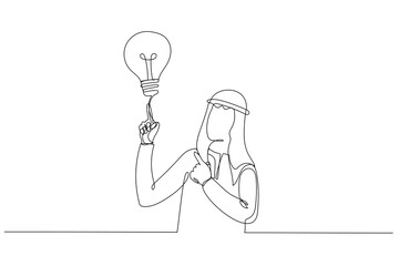 Cartoon of young arab businessman pointing with the index finger a great idea. Single line art style