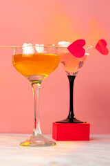 High glass glasses with cocktails. Valentine's Day cocktails