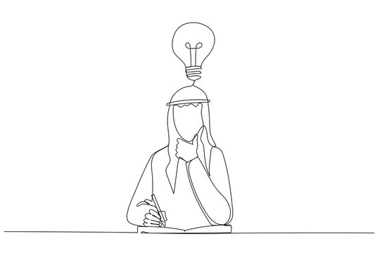 Cartoon of arab businessman thinking on productive ideas sitting at laptop and notepad for notes. One line art style