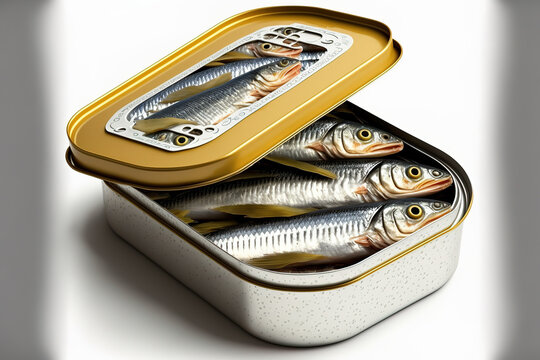 Tinned sardines stock photo Sardine, Can, Canned Food, Fish, White Background. Generative AI