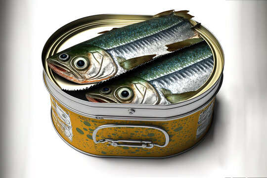 Tinned sardines stock photo Sardine, Can, Canned Food, Fish, White Background. Generative AI