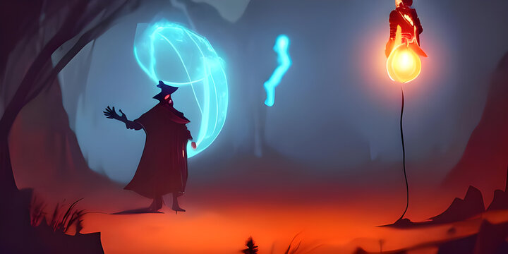 the wood sourcerer performa magic in the wood, illustration painting, digital art style