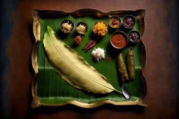 Traditional Onam sadya served in banana leaf. Generative AI