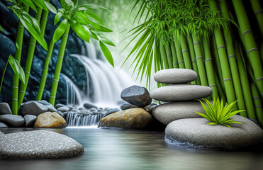 Zen Stones and Bamboo on the water. Spa still life with stacked of stone. Generative AI