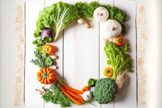 Vegetables frame on white wooden background stock photo Agriculture, Autumn, Broccoli, Cabbage, Carrot. Generative AI