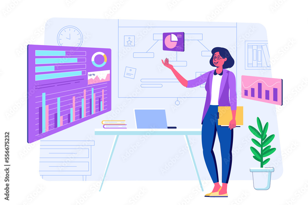 Poster data analysis concept with people scene for web. woman works with data on dashboards, explores stati