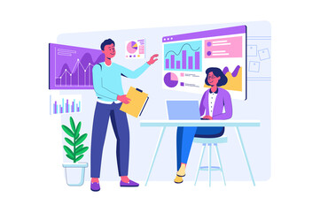 Data science concept with people scene for web. Woman ad man working with data on dashboards, explores statistics on graphs and charts and making report. Illustration in flat perspective design