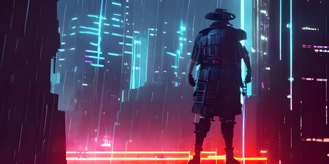 futuristic samurai in cyberpunk city, illustration painting, digital art style