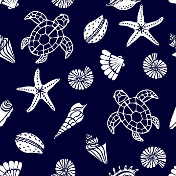 Turtles, starfish and seashells seamless pattern.