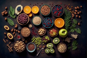 Selection of food for health, cereals, nuts, fruits, vegetables and greens. Flat lay. Generative AI