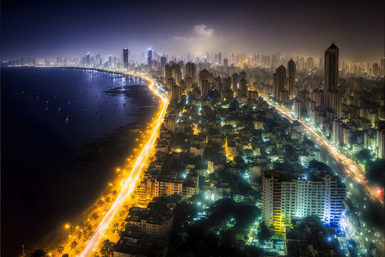 Wide panoramic view of Mumbai financial capital of India stock photo India, Night, City, Mumbai, Aerial View. Generative AI