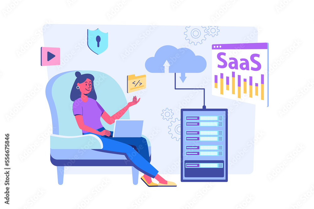 Poster saas concept with people scene for web. woman works on laptop, programming and cloud computing, usin