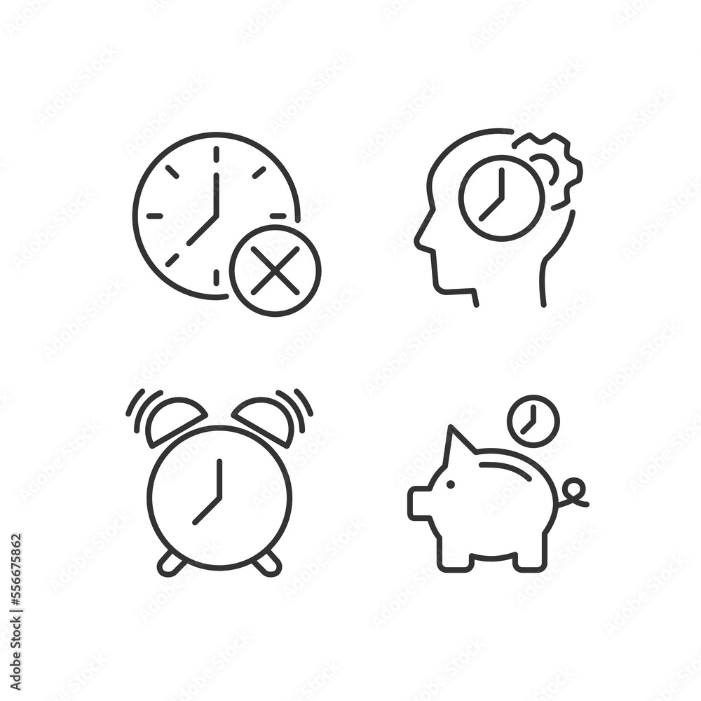 Poster Organizing time wisely pixel perfect linear icons set. Thinking process. Alarm clock. Deadline cancel. Customizable thin line symbols. Isolated vector outline illustrations. Editable stroke