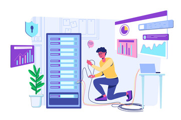 Server maintenance concept with people scene for web. Man making computer repair, upkeep servers, adjusting network with cables at server racks room. Illustration in flat perspective design