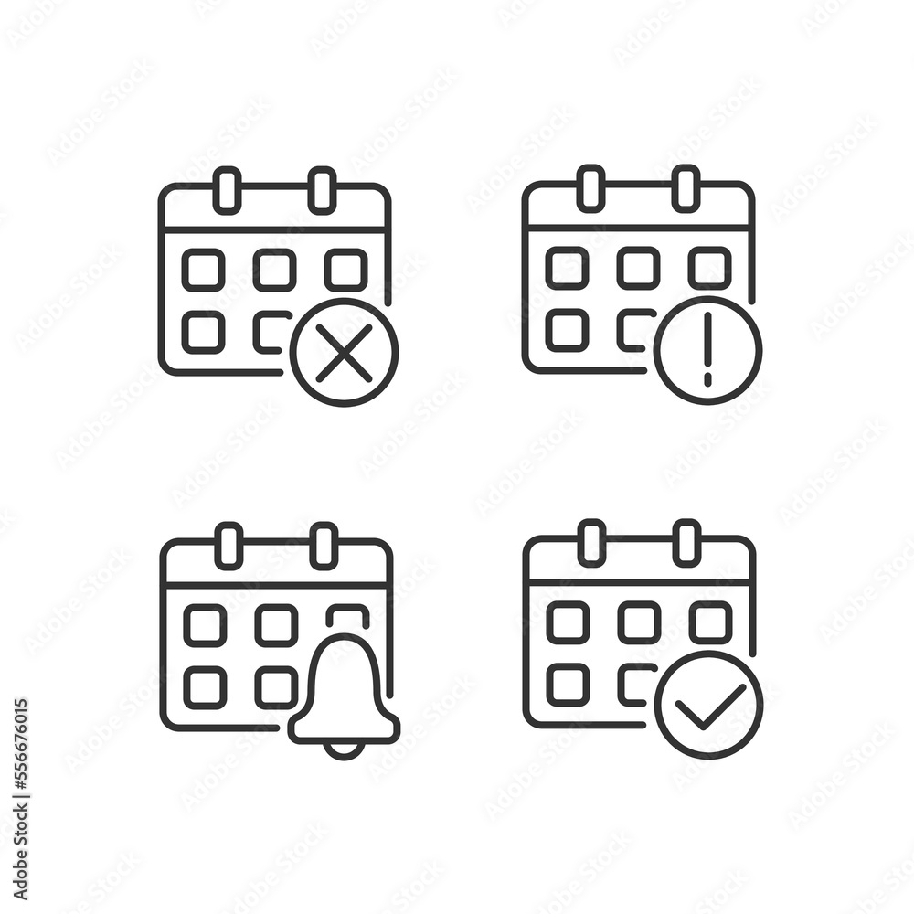 Poster calendar app management pixel perfect linear icons set. meeting reminder. daily schedule. upcoming a