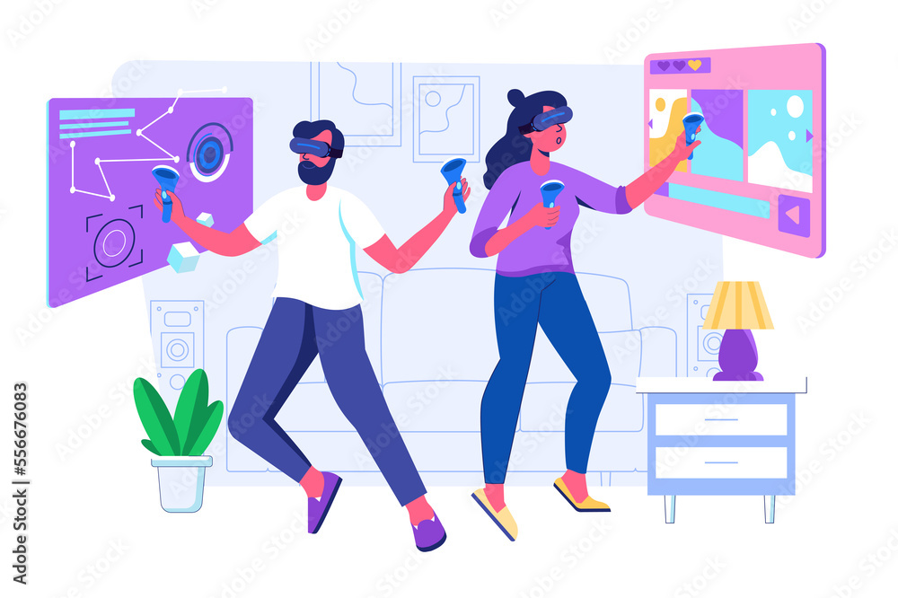 Aufkleber virtual reality concept with people scene for web. woman and man in vr glasses using controllers for