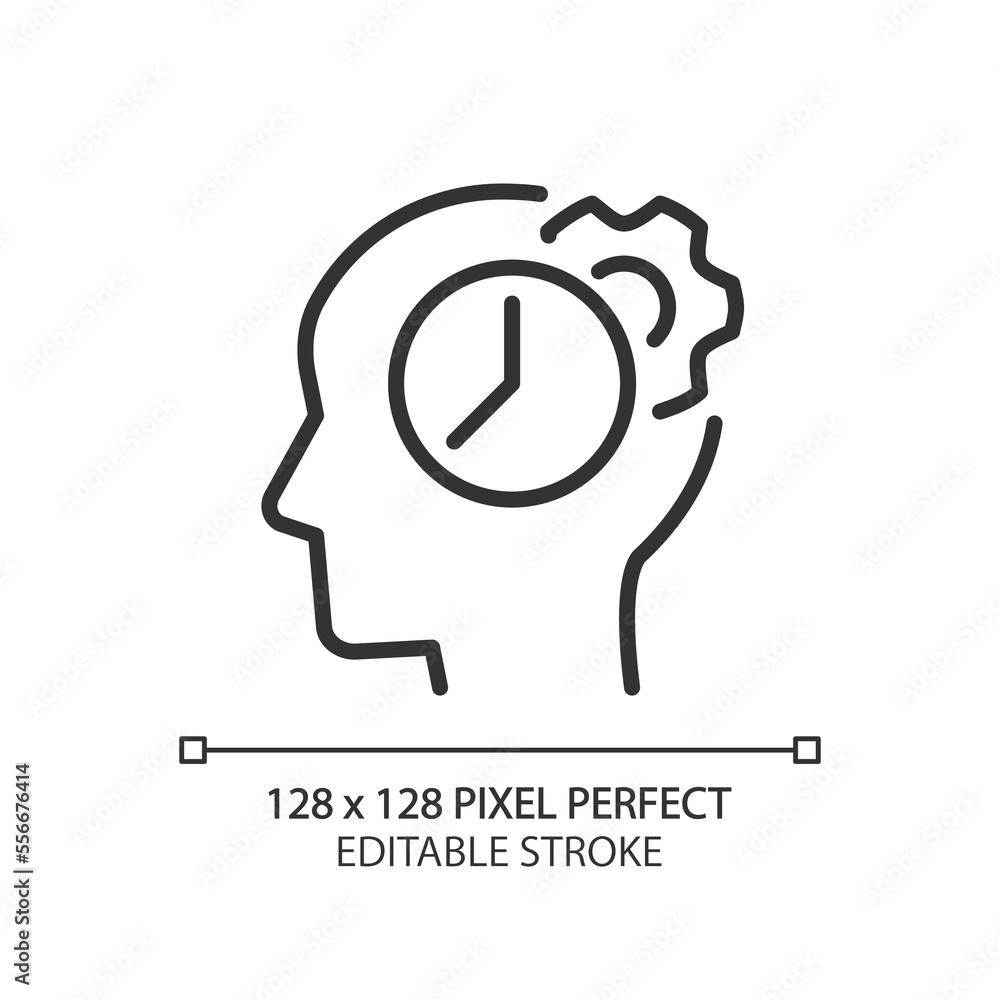 Poster time for thinking process pixel perfect linear icon. synchronizing biological clock. keep learning. 